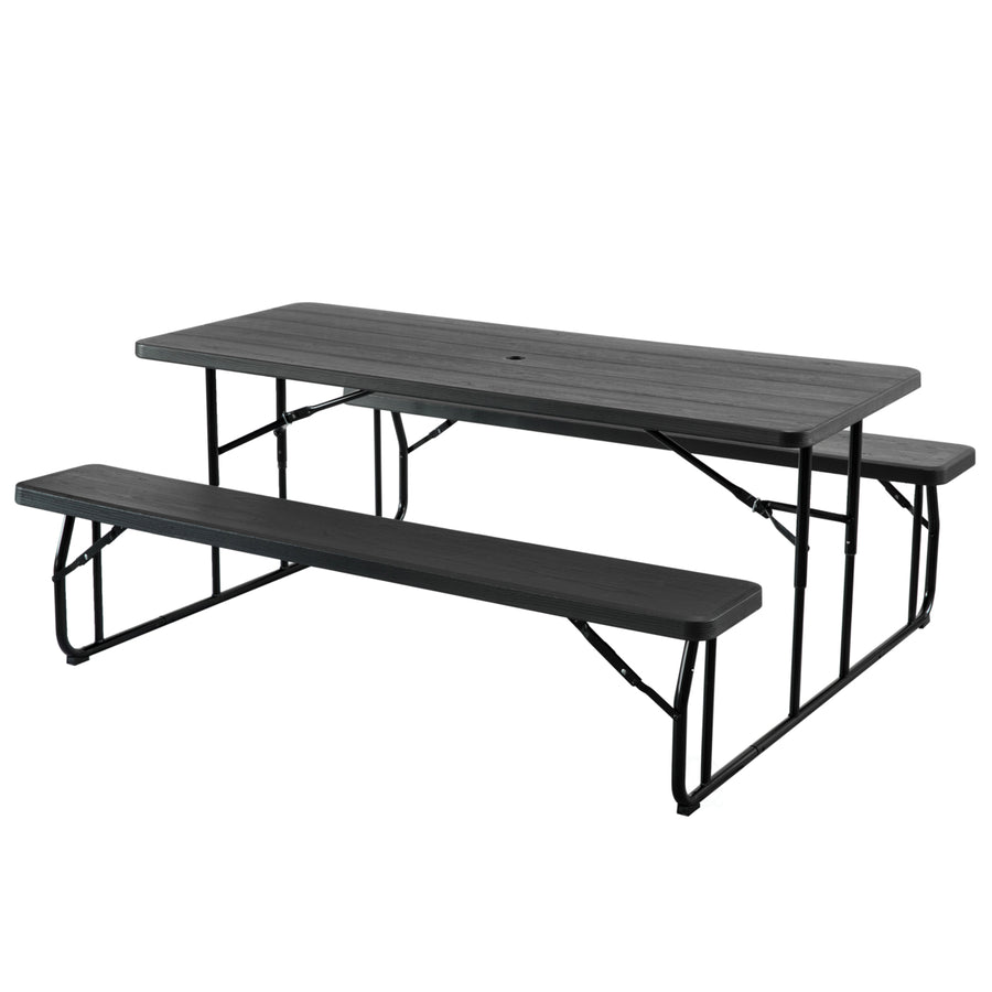 Outdoor Foldable Woodgrain Picnic Table Set with Metal Frame 6 Ft. Black Image 1