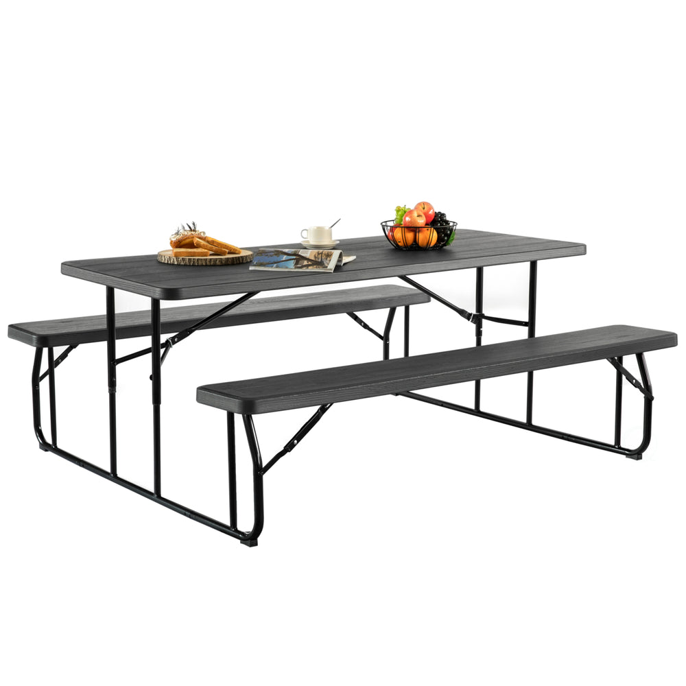 Outdoor Foldable Woodgrain Picnic Table Set with Metal Frame 6 Ft. Black Image 2