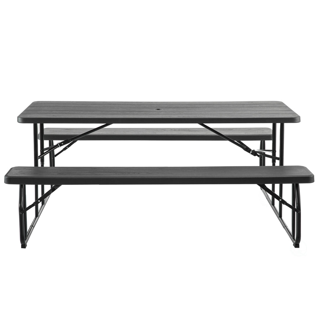 Outdoor Foldable Woodgrain Picnic Table Set with Metal Frame 6 Ft. Black Image 12