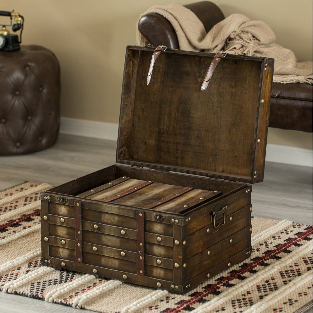 Wooden Brown Storage Trunk with Faux Leather Straps and Handles Image 6