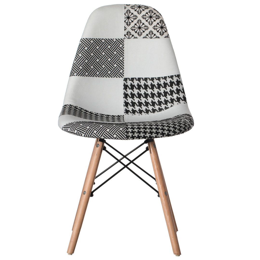 Modern Fabric Patchwork Chair with Wooden Legs for Kitchen, Dining Room, Entryway, Living Room with Black and White Image 4