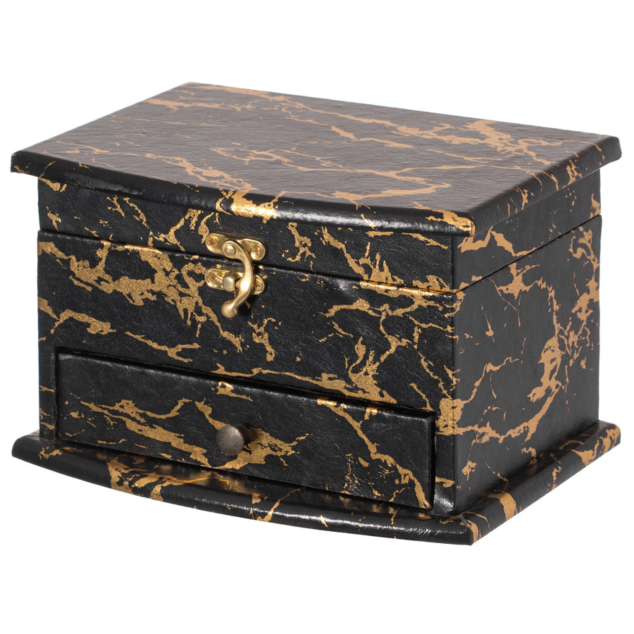 Black and Gold Marble Decorative Modern Wooden Jewelry Box Holder with Lining, and Drawer Image 1