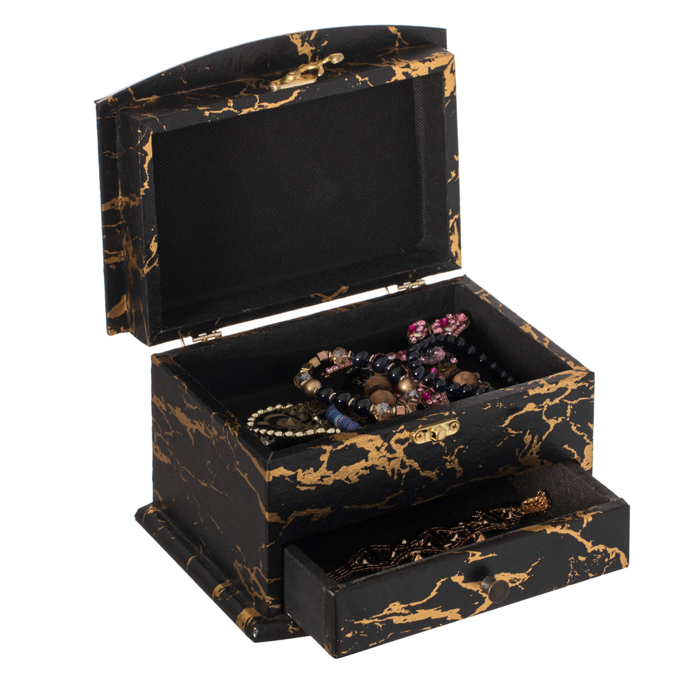 Black and Gold Marble Decorative Modern Wooden Jewelry Box Holder with Lining, and Drawer Image 2