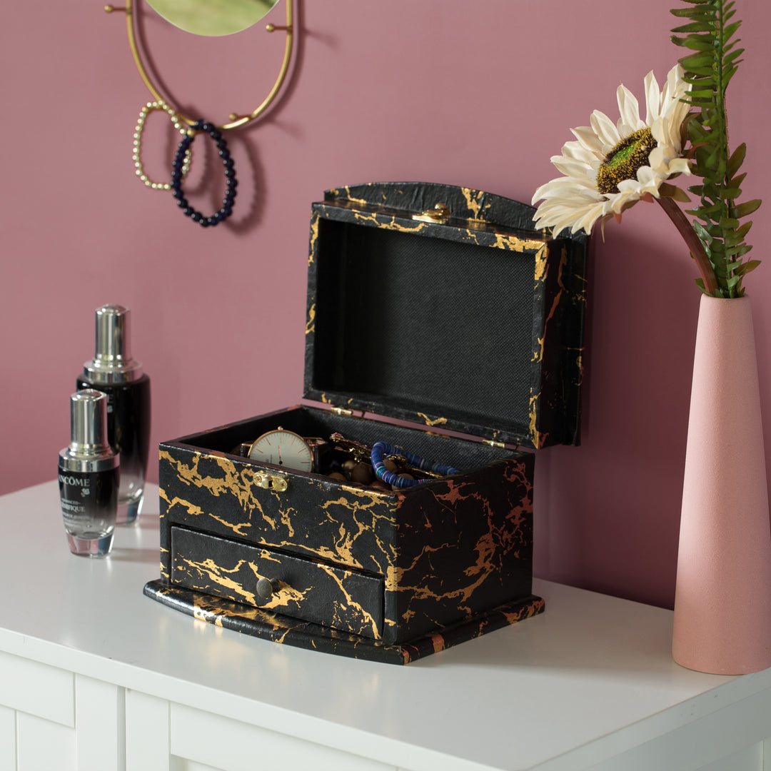 Black and Gold Marble Decorative Modern Wooden Jewelry Box Holder with Lining, and Drawer Image 3
