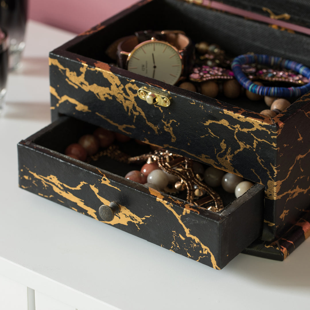 Black and Gold Marble Decorative Modern Wooden Jewelry Box Holder with Lining, and Drawer Image 4