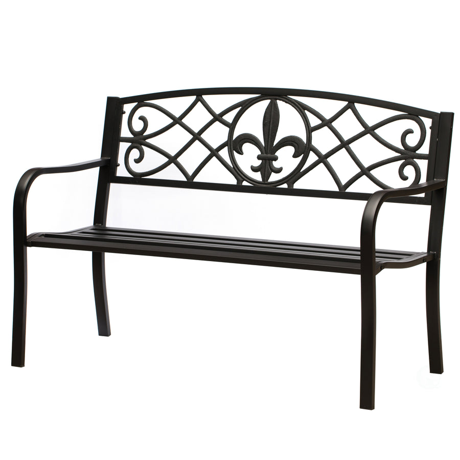 Outdoor Garden Patio Steel Park Bench Lawn Decor with Cast Iron Unique Design Back, Black Seating Bench for Yard, Patio, Image 1