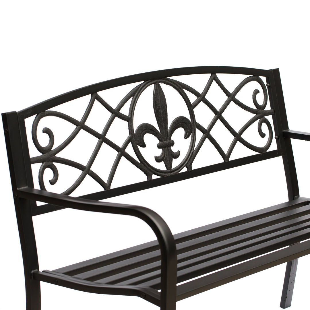 Outdoor Garden Patio Steel Park Bench Lawn Decor with Cast Iron Unique Design Back, Black Seating Bench for Yard, Patio, Image 4