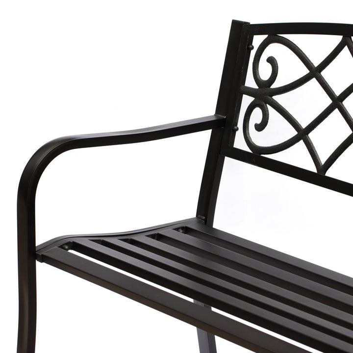 Outdoor Garden Patio Steel Park Bench Lawn Decor with Cast Iron Unique Design Back, Black Seating Bench for Yard, Patio, Image 5