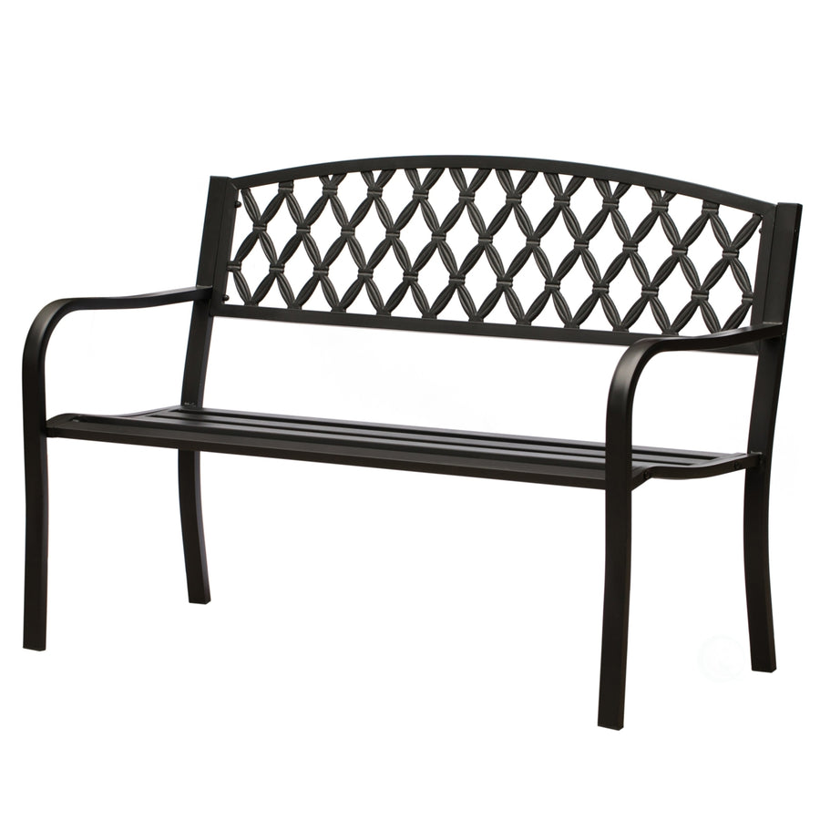 Gardenised Black Outdoor Garden Patio Steel Park Bench Lawn Decor with Cast Iron Back Seating bench, with Backrest and Image 1