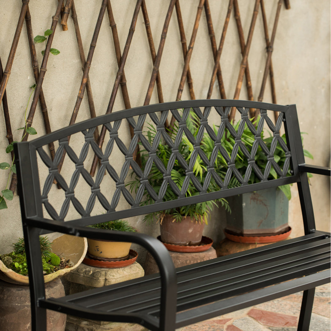 Gardenised Black Outdoor Garden Patio Steel Park Bench Lawn Decor with Cast Iron Back Seating bench, with Backrest and Image 5