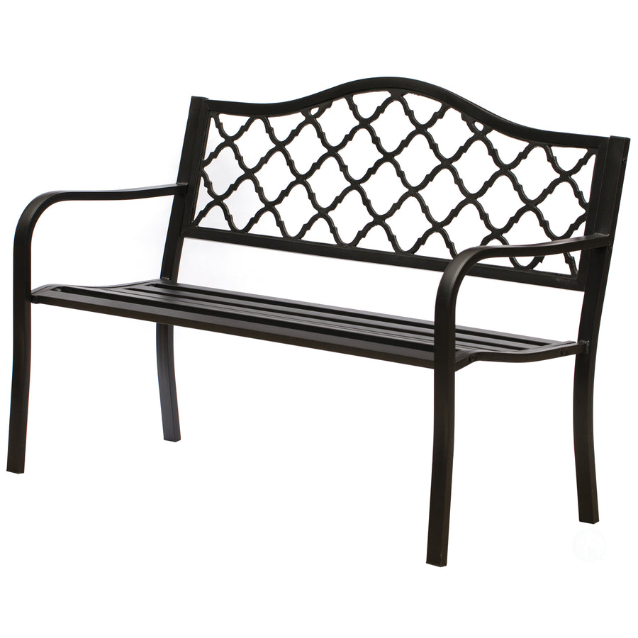 Gardenised Outdoor Garden Patio Steel Park Bench Lawn Decor with Cast Iron Back, Black Seating bench for Yard, Patio, Image 1
