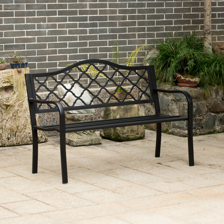 Gardenised Outdoor Garden Patio Steel Park Bench Lawn Decor with Cast Iron Back, Black Seating bench for Yard, Patio, Image 3