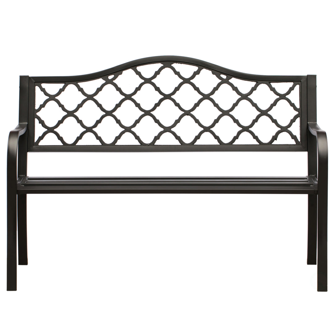 Gardenised Outdoor Garden Patio Steel Park Bench Lawn Decor with Cast Iron Back, Black Seating bench for Yard, Patio, Image 4