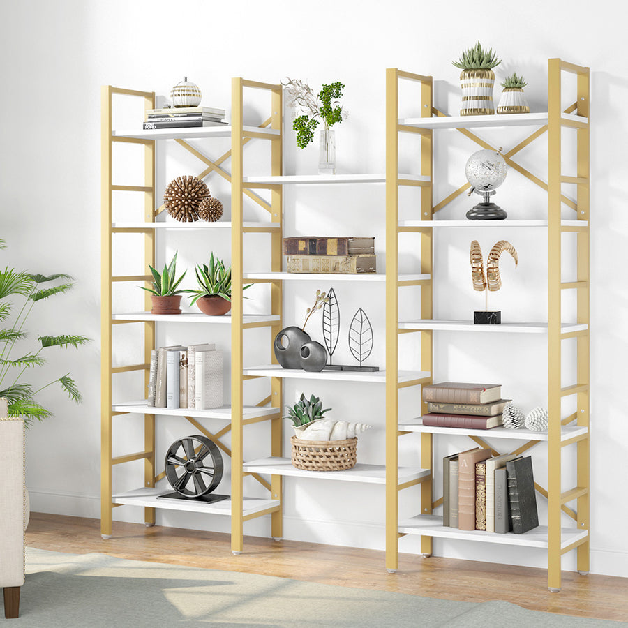 Tribesigns Triple Wide 5-Shelf Bookcase, 5 Tier Etagere Large Open Bookshelf Faux White Marble Look Shelves Wood and Image 1