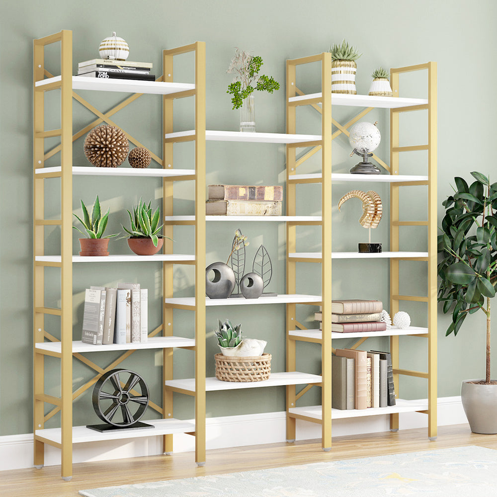 Tribesigns Triple Wide 5-Shelf Bookcase, 5 Tier Etagere Large Open Bookshelf Faux White Marble Look Shelves Wood and Image 2