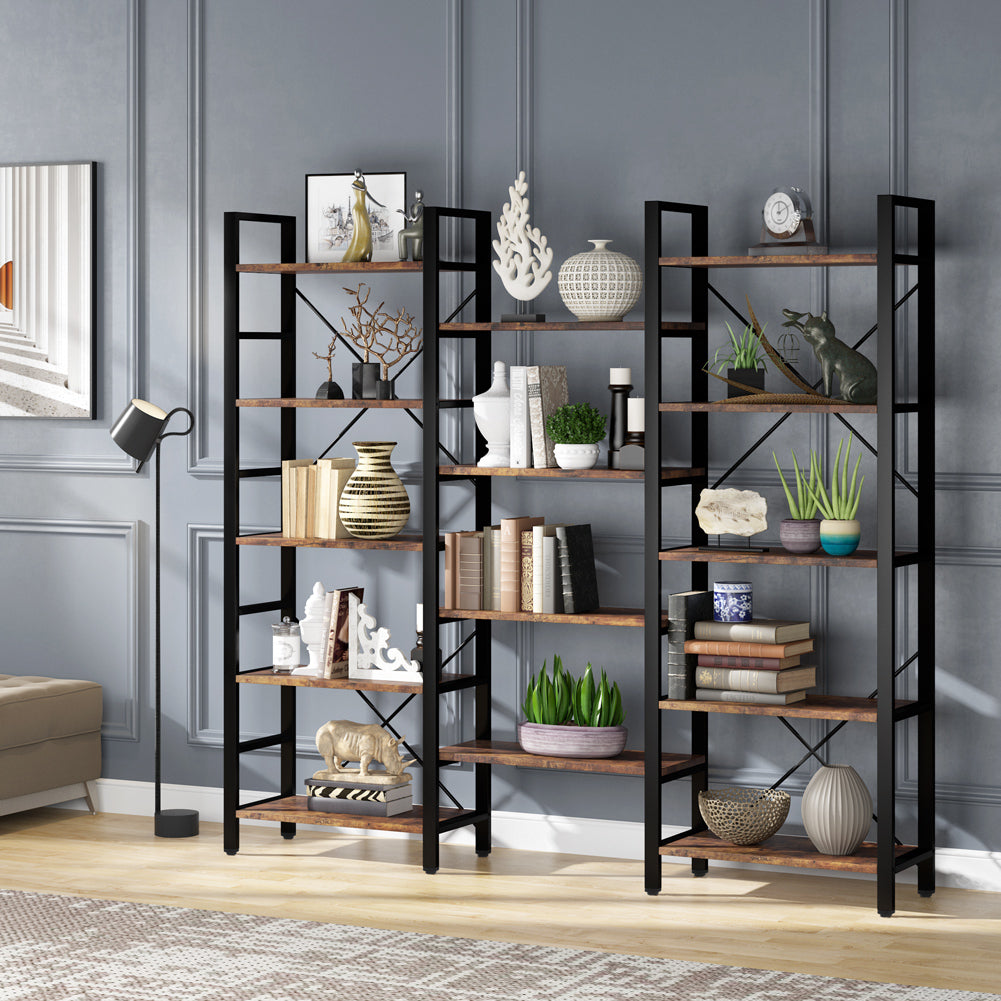 Tribesigns Triple Wide 5-Shelf Bookcase, 5 Tier Etagere Large Open Bookshelf Faux White Marble Look Shelves Wood and Image 5