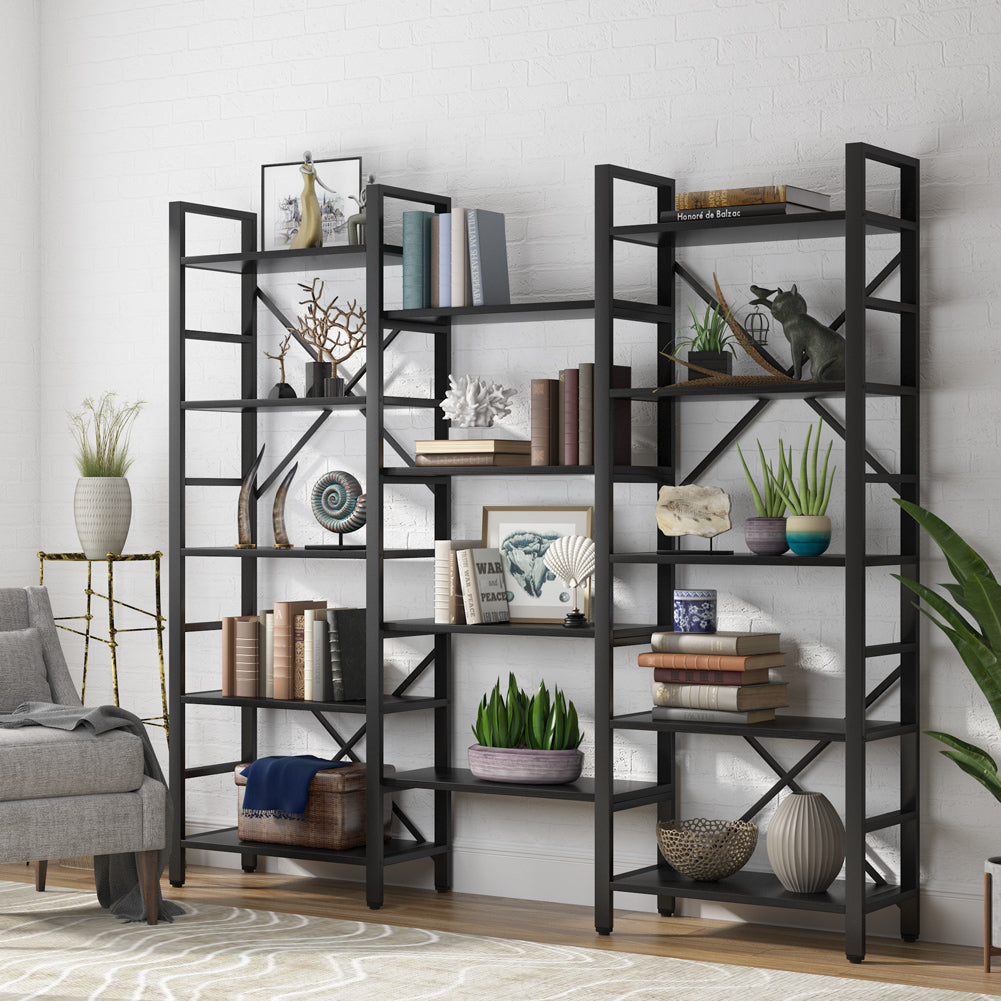 Tribesigns Triple Wide 5-Shelf Bookcase, 5 Tier Etagere Large Open Bookshelf Faux White Marble Look Shelves Wood and Image 9