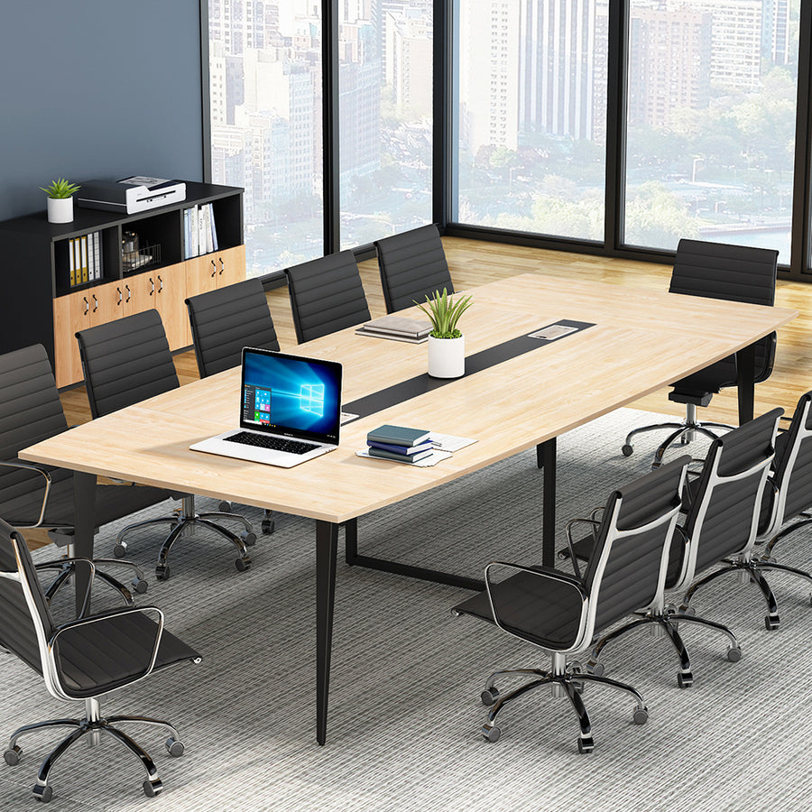 Tribesigns 8FT Conference Table, 94.48L x 47.24W x 29.52H Inches Boat Shaped Meeting Table with Rectangle Grommet, Image 1