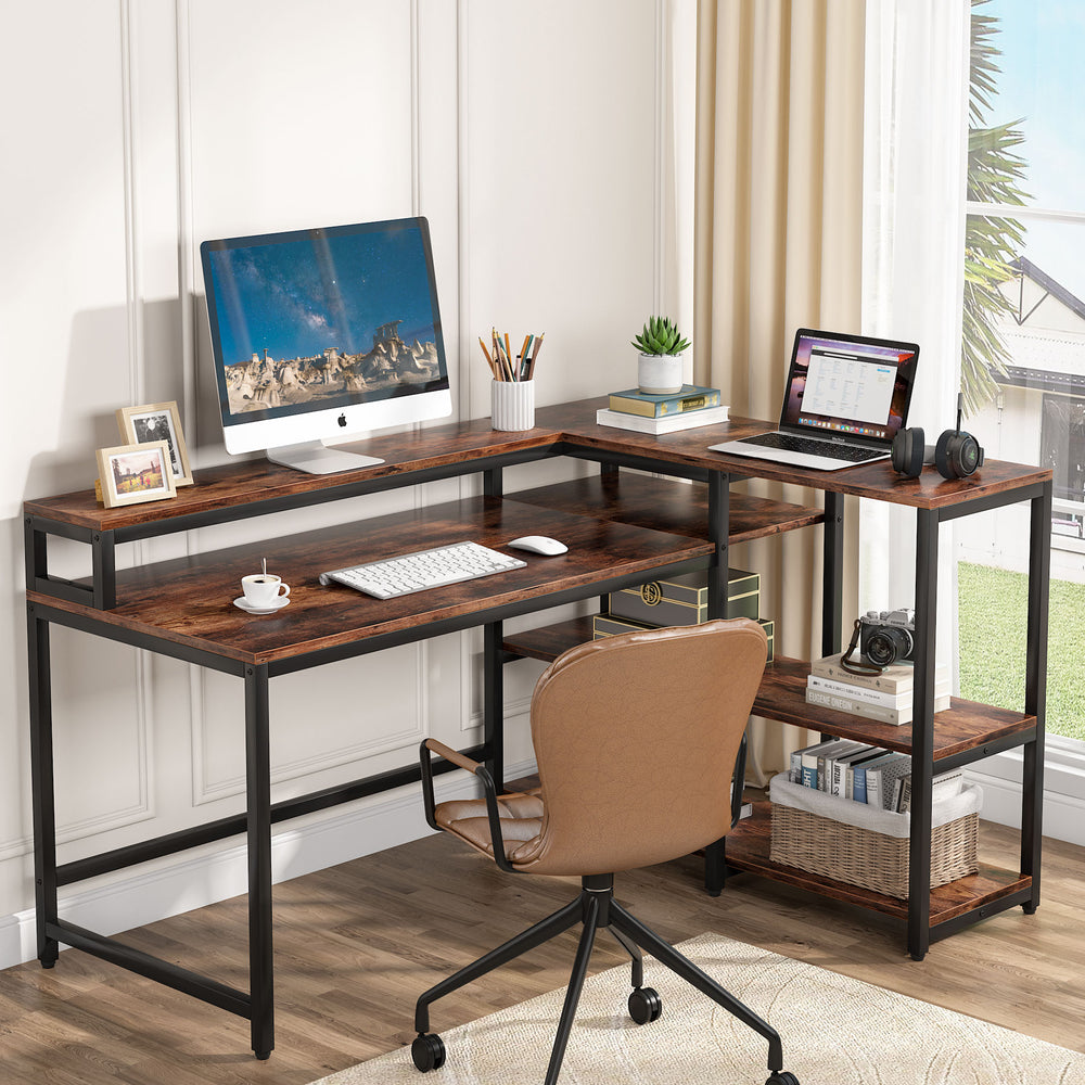 Tribesigns Reversible L Shaped Computer Desk with Storage Shelf, Industrial 55 Inch Corner Desk with Shelves and Monitor Image 2