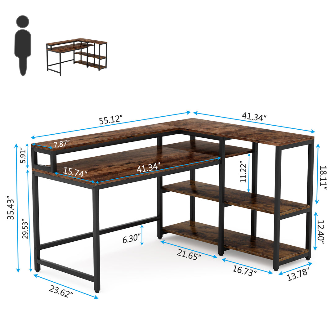 Tribesigns Reversible L Shaped Computer Desk with Storage Shelf, Industrial 55 Inch Corner Desk with Shelves and Monitor Image 5