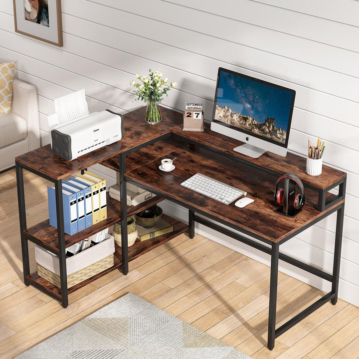 Tribesigns Reversible L Shaped Computer Desk with Storage Shelf, Industrial 55 Inch Corner Desk with Shelves and Monitor Image 3