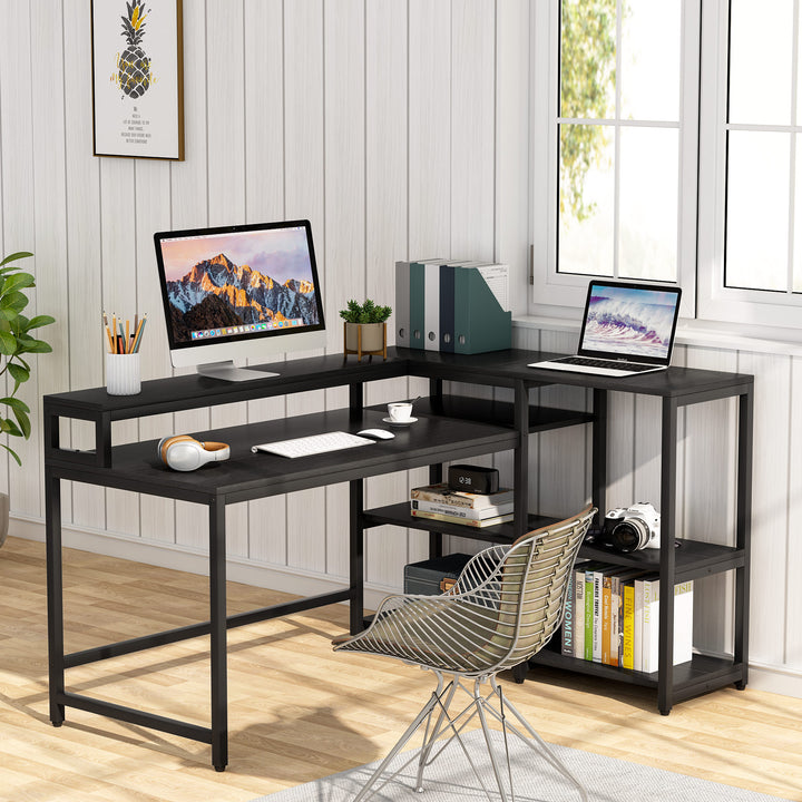 Tribesigns Reversible L Shaped Computer Desk with Storage Shelf, Industrial 55 Inch Corner Desk with Shelves and Monitor Image 10