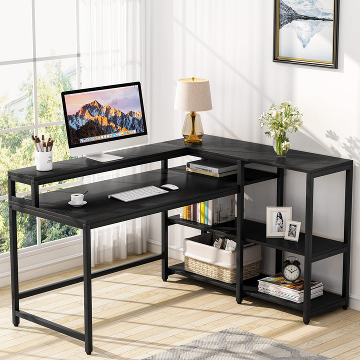Tribesigns Reversible L Shaped Computer Desk with Storage Shelf, Industrial 55 Inch Corner Desk with Shelves and Monitor Image 1