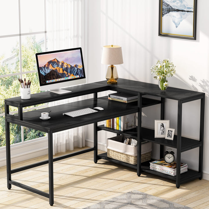 Tribesigns Reversible L Shaped Computer Desk with Storage Shelf, Industrial 55 Inch Corner Desk with Shelves and Monitor Image 11