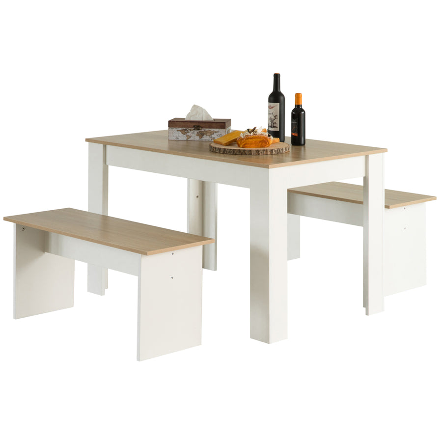 White Modern Wooden Dining Table with Two Benches, Three Piece Set, Writing Desk Image 1