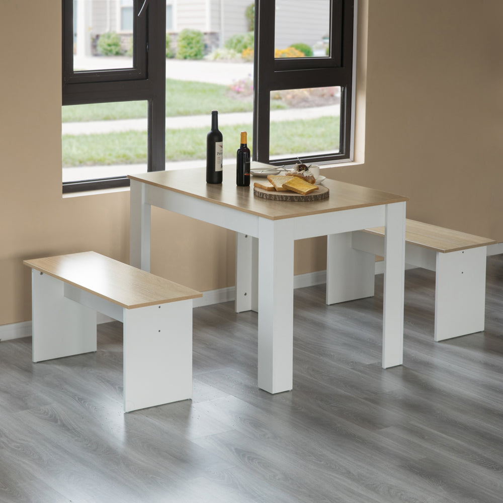 White Modern Wooden Dining Table with Two Benches, Three Piece Set, Writing Desk Image 2