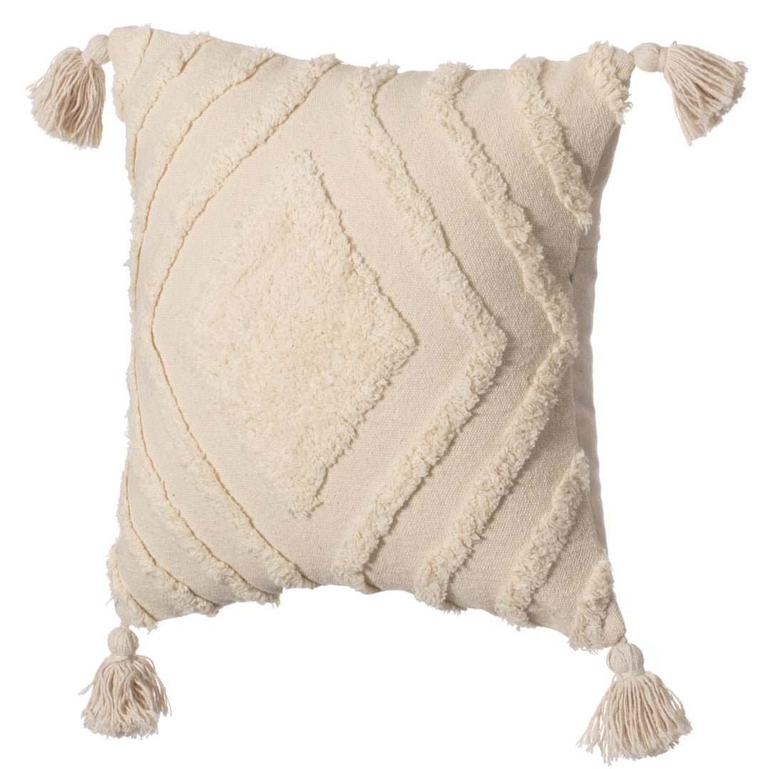 16" Handwoven Cotton Throw Pillow Cover with White on White Tufted Design and Tassel Corners Image 3