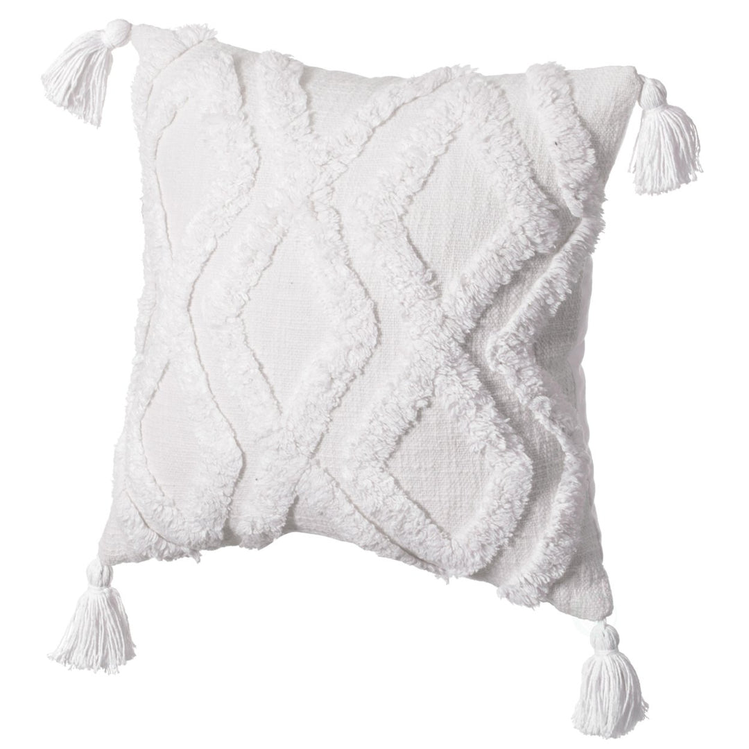 16" Handwoven Cotton Throw Pillow Cover with White Tufted Patterns and Tassel Corners Image 3