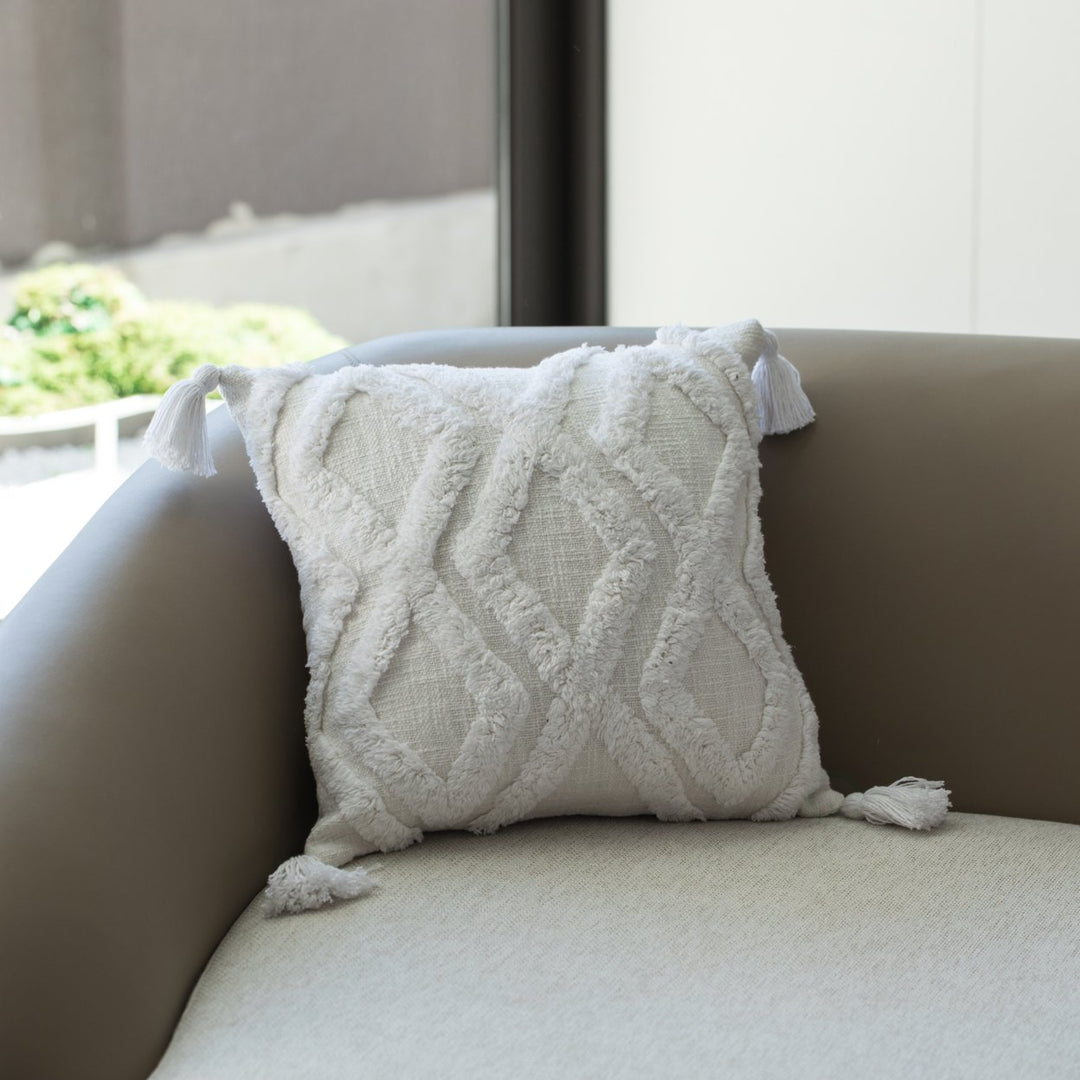 16" Handwoven Cotton Throw Pillow Cover with White Tufted Patterns and Tassel Corners Image 4