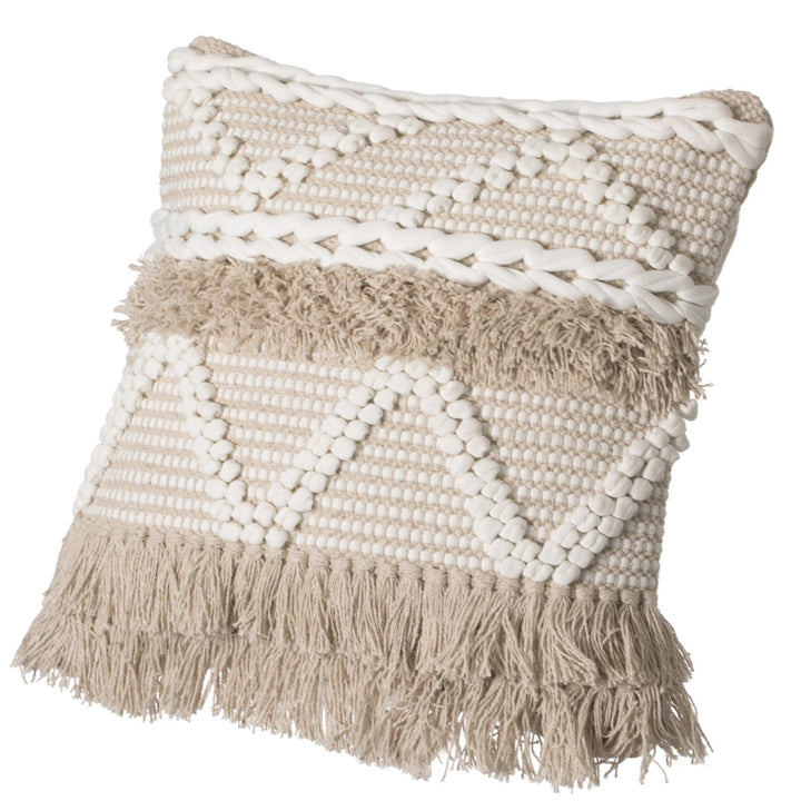 16" Handwoven Cotton Throw Pillow Cover with White Dot Pattern and Natural Tassel Fringe Lines Image 7
