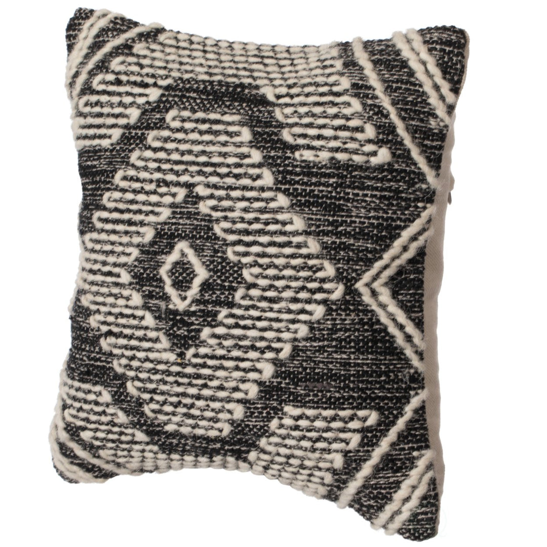 16" Throw Pillow Cover with White on Black Tribal Pattern and Corner Tassels, Black and White Image 7