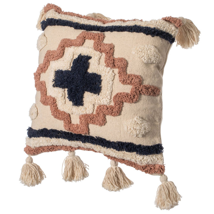 16" Handwoven Cotton Throw Pillow Cover with Tufted designs and Side Tassels Image 1