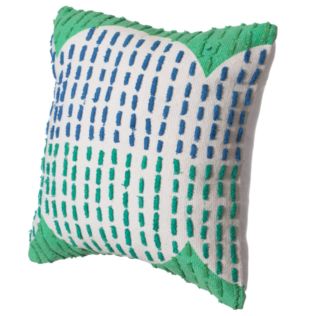 16" Handwoven Cotton Throw Pillow Cover with Ribbed Line Dots and Wave Border Image 1