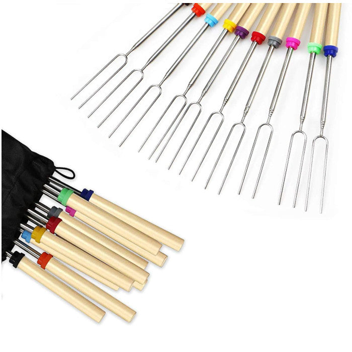 8 Pack Bbq Marshmallow Roasting Sticks Telescoping Forks With Wooden Handle Image 1