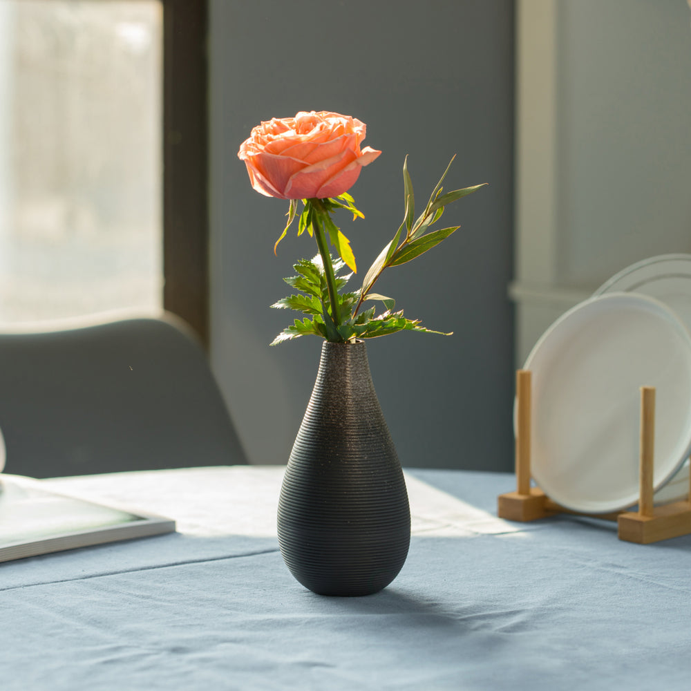 6 Inch Modern Decorative Ceramic Table Vase Ripped Design Tear Drop Shape Flower Holder, Black Image 2