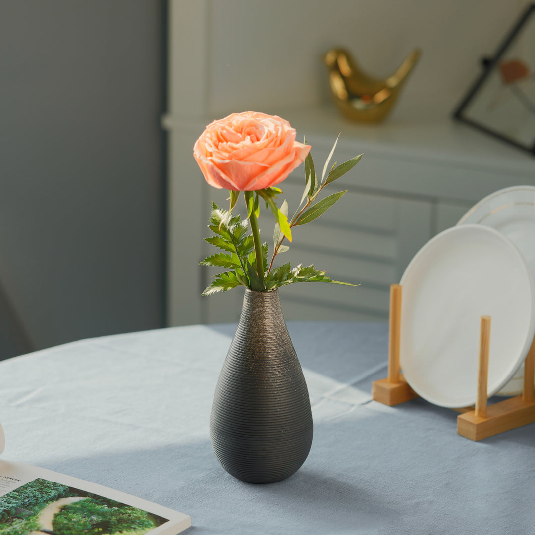 6 Inch Modern Decorative Ceramic Table Vase Ripped Design Tear Drop Shape Flower Holder, Black Image 7