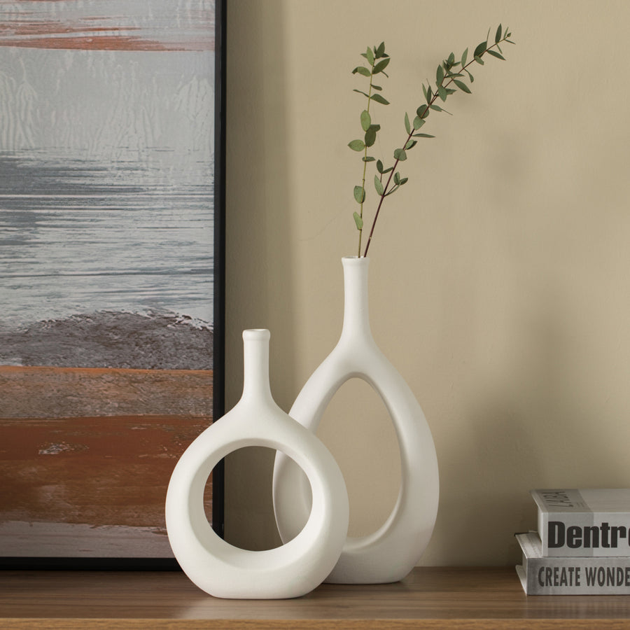 Contemporary White Ceramic Unique Shaped Flower Table Vase Centerpiece Image 1