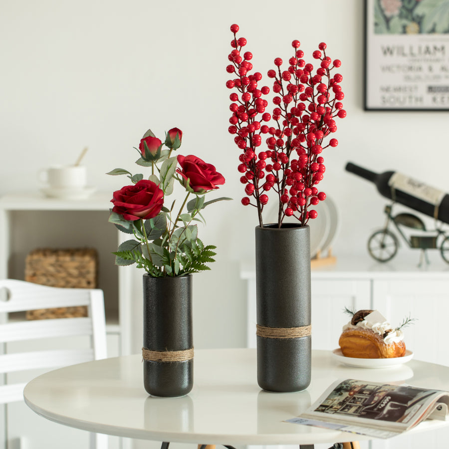 Decorative Modern Ceramic Cylinder Shape Table Vase Flower Holder with Rope Image 1