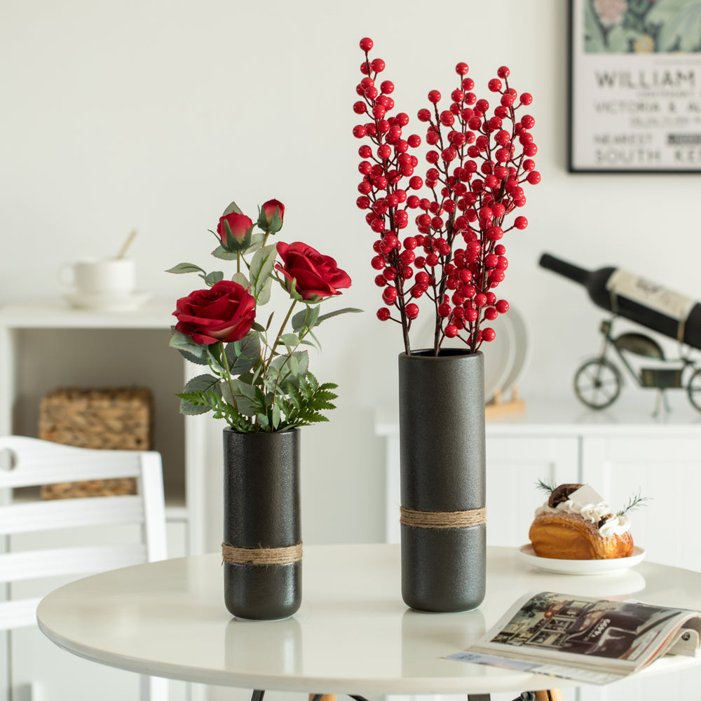 Decorative Modern Ceramic Cylinder Shape Table Vase Flower Holder with Rope Image 2