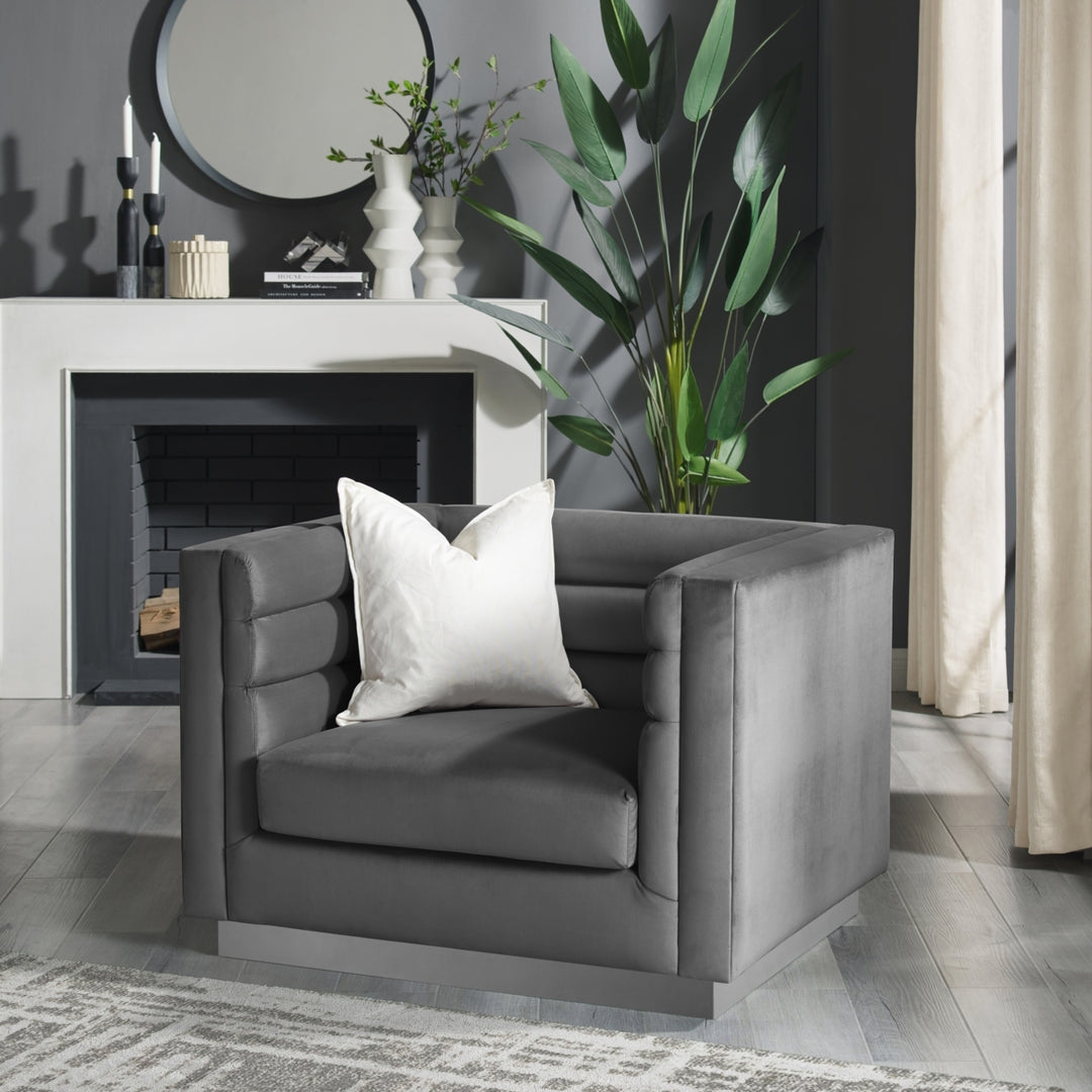 Aja Club Chair-Upholstered-Metal Base, Square Arms-Horizontal Channel Tufting Image 3
