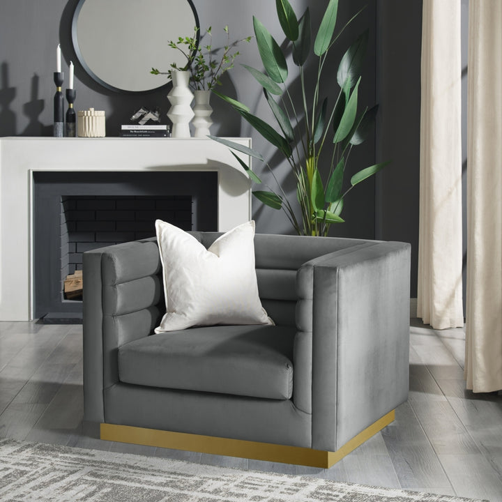 Aja Club Chair-Upholstered-Metal Base, Square Arms-Horizontal Channel Tufting Image 4