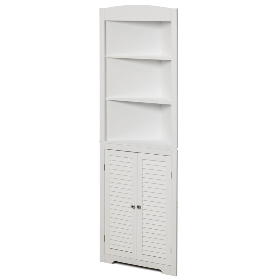 White Standing Storage Corner Cabinet Organizer with 3 Open Shelf and Double Shutter Doors Image 1