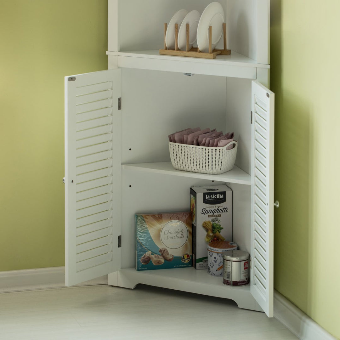 White Standing Storage Corner Cabinet Organizer with 3 Open Shelf and Double Shutter Doors Image 4
