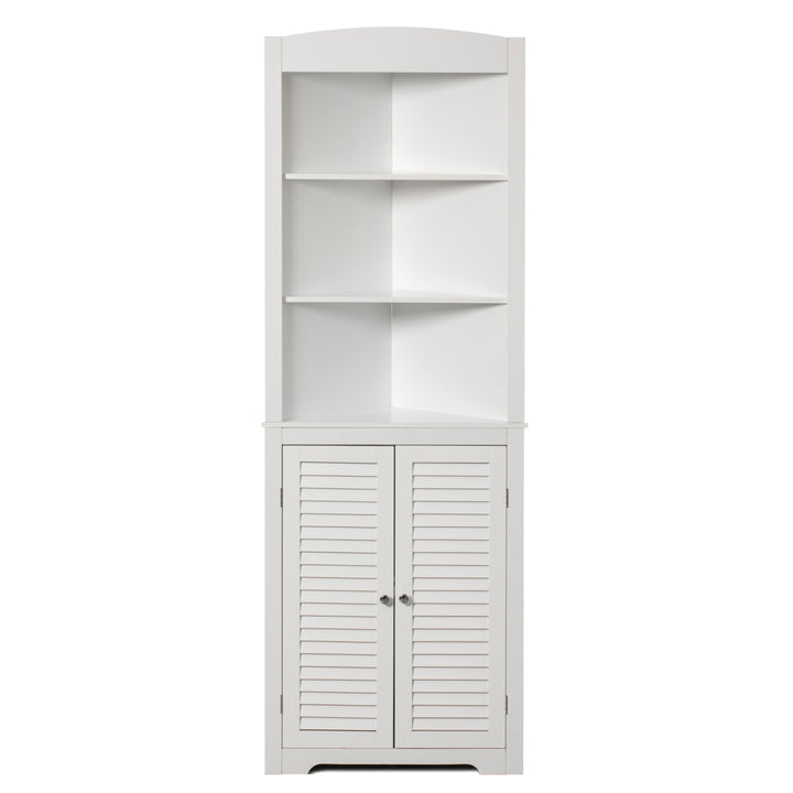 White Standing Storage Corner Cabinet Organizer with 3 Open Shelf and Double Shutter Doors Image 5
