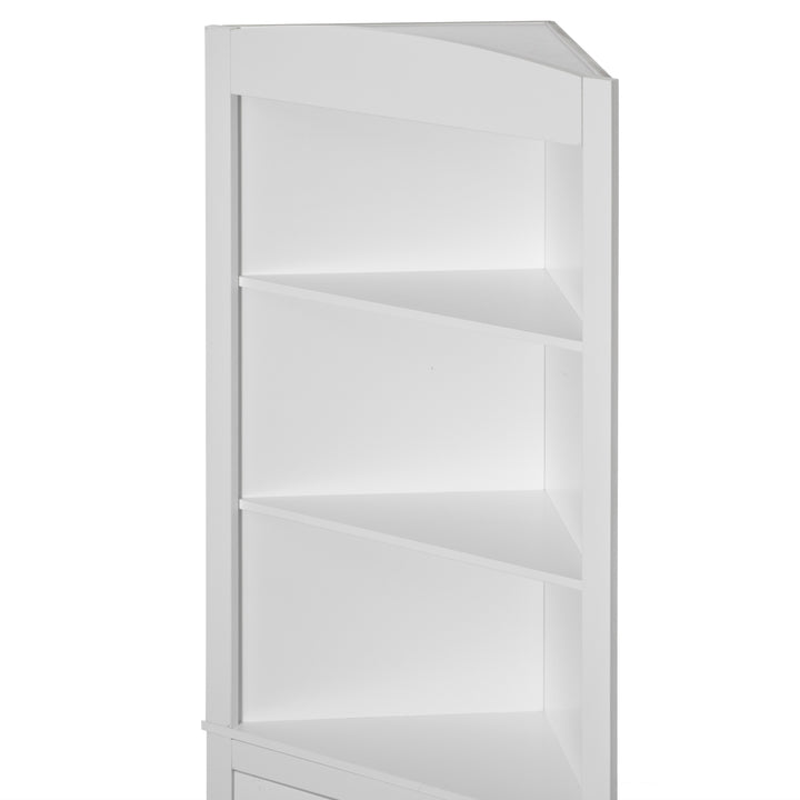 White Standing Storage Corner Cabinet Organizer with 3 Open Shelf and Double Shutter Doors Image 6