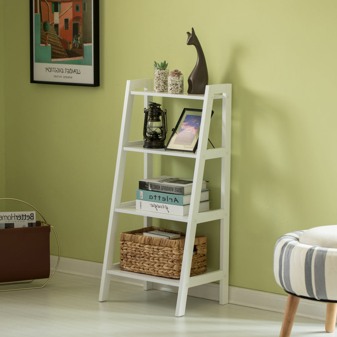 Decorative White Wooden Modern 4-Tier Ladder Bookshelf, Flower and Plant Display Image 3